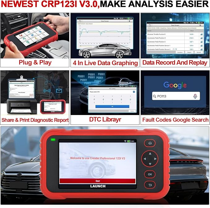 LAUNCH CRP123I V3.0 OBD2 Scanner, 4 Systems Diagnostic Tool (Engine/ABS/SRS/Transmission), 7 Reset Functions, Battery Test, WiFi Lifetime Free Update, 5" Touchscreen Car Code Reader