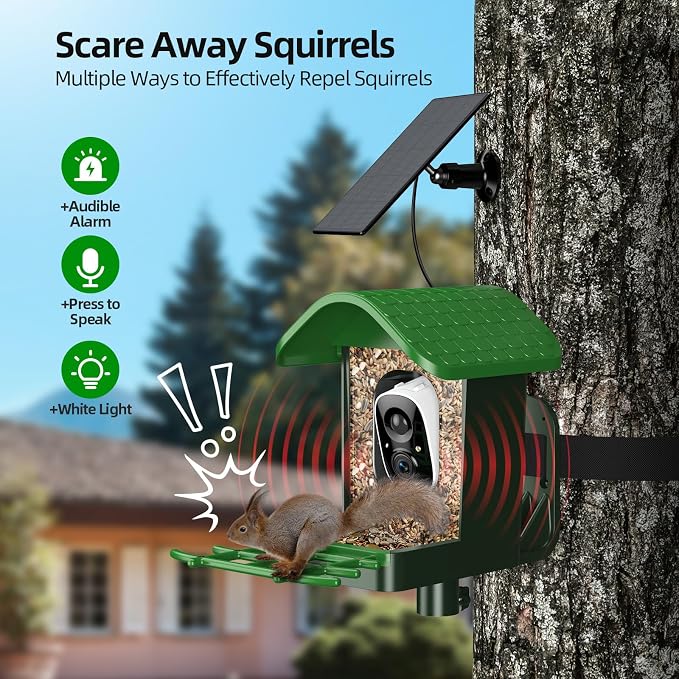 3K HD Smart Bird Feeder with Camera, 2.4GHz WiFi Solar Powered Smart Feeder, AI Bird Species Identification & Real-Time App Alerts, Chew-Proof & Waterproof for Outdoors（Green）-1