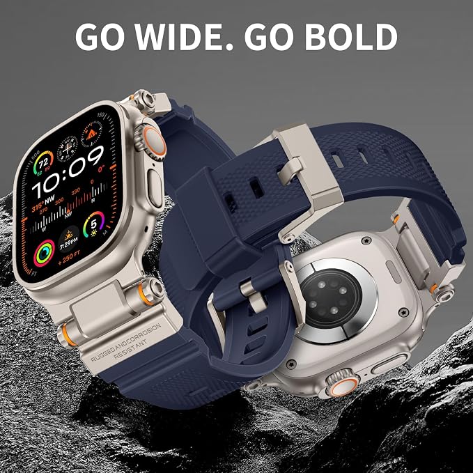FOAMUNOC Rugged Band Compatible with Apple Watch Ultra 3/2/1 Band 49mm/46mm/45mm/44mm/42mm, Metal Connector with Strap for iWatch Ultra Series 11/10/9/8/7/6/SE3/SE2/SE/5/4/3/2/1, Navy Blue/Titanium
