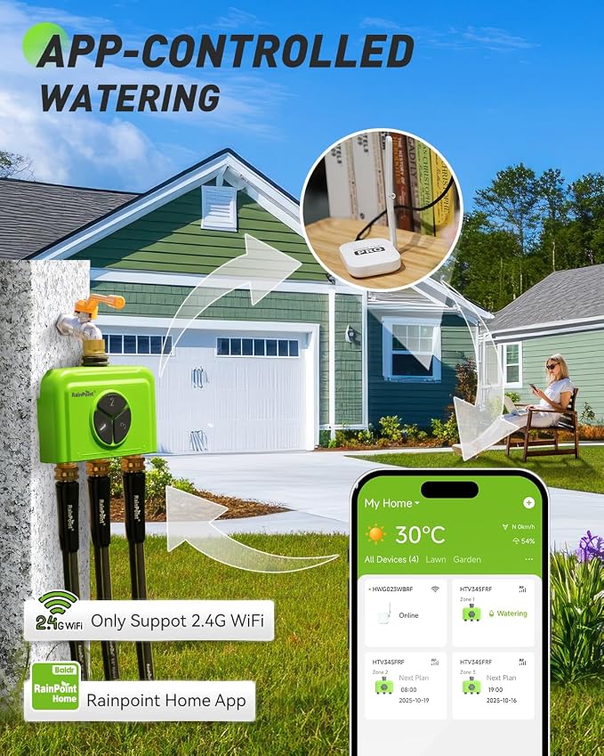 RAINPOINT 3 Zone WiFi Water Timer with Smart Gateway, Brass Inlet/Outlet WiFi Sprinkler Timer, Voice Control, Smart Watering System by Time/Weather/Quantity/Soil Moisture, (Green, 3 Zone)