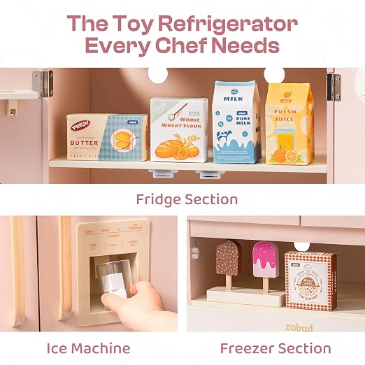 ROBUD Wooden Play Fridge, Kitchen Toy Fridge Freezer Set with Ice Maker, Play Kitchen Refrigerator, Kitchen Playset Gift for Kids & Toddlers, Age 3+ (Pink)