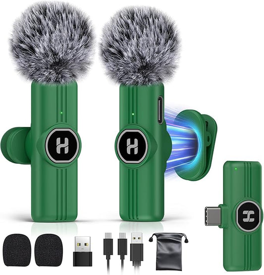 USB C Mini Wireless Lavalier Microphone for iPhone 15 16, iOS and Android Devices - Noise Reduction Lapel Mic for Recording, Clip Omni Lav Mic for Video Recording, Tiktok, Youtube, Vlog (Green)