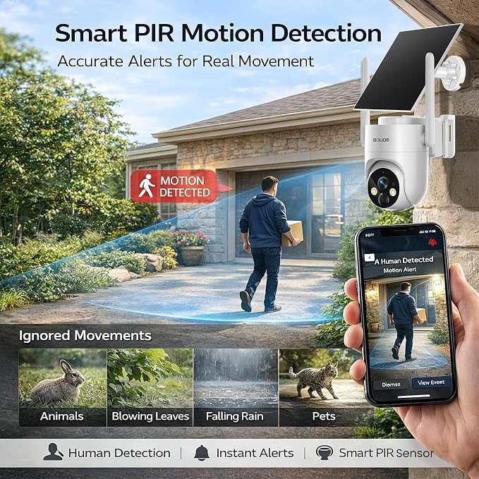 SOLIOM 4G LTE Cellular Security Camera, No WiFi Security Camera for Remote Areas, Solar Powered Wireless Outdoor Camera, 2K Color Night Vision, 360° Pan & Tilt, PIR Motion Detection, Off-Grid S90