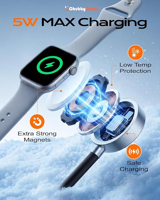 chubbycable Duo-Core Flex 2-in-1 USB C Cable 100W Fast Charging 5W [40Mins 80%] Magnetic Apple Watch Charger 4FT Soft Silicone Compatible with iWatch, iPhone, iPad, MacBook, AirPods, Black