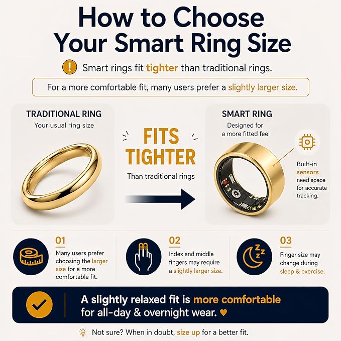 Smart Ring Health & Fitness Tracker for Men & Women, Heart Rate, SPO₂, Sleep & Activity Monitoring, IP68 Waterproof, Long Battery Life, Family Care Mode, No Subscription Fee (Gold, 9)