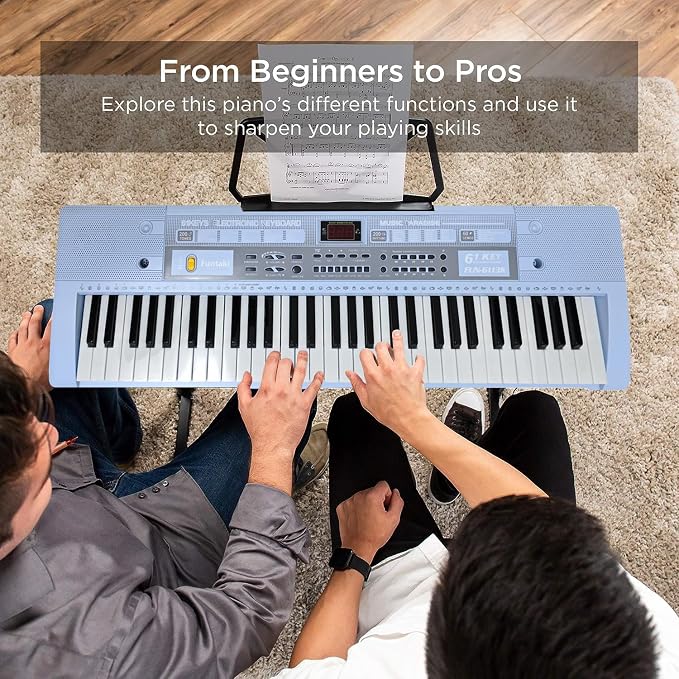 61 Key Electronic Keyboard Piano with Lighted Up Keys, Musical Mini Keyboard Piano with keyboard stand, Digital Portable Synthesizer Keyboards for Beginners Kids Adults (Blue)