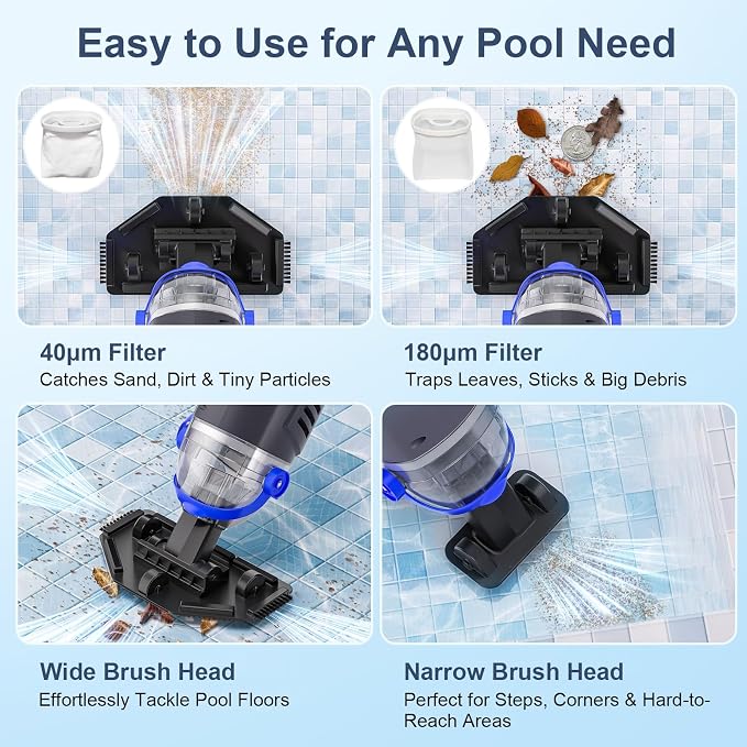 Upgraded Cordless Pool Vacuum with Telescopic Pole, 60 Min Powerful Suction & Large Head, Rechargeable Handheld Cleaner for Above Ground Pools, Inground Pools, Hot Tubs, and Spa