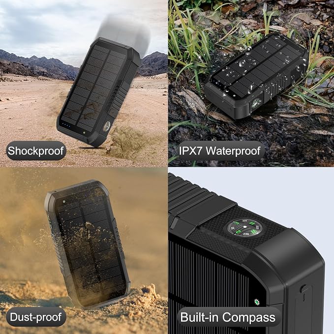 Solar Power Bank, 66800mAh, Hand Crank, 22.5W USB-C Fast Charging, 6 Outputs & 4 Inputs, SOS/Strobe/Compass, for Camping/Hiking/Trips (Black)