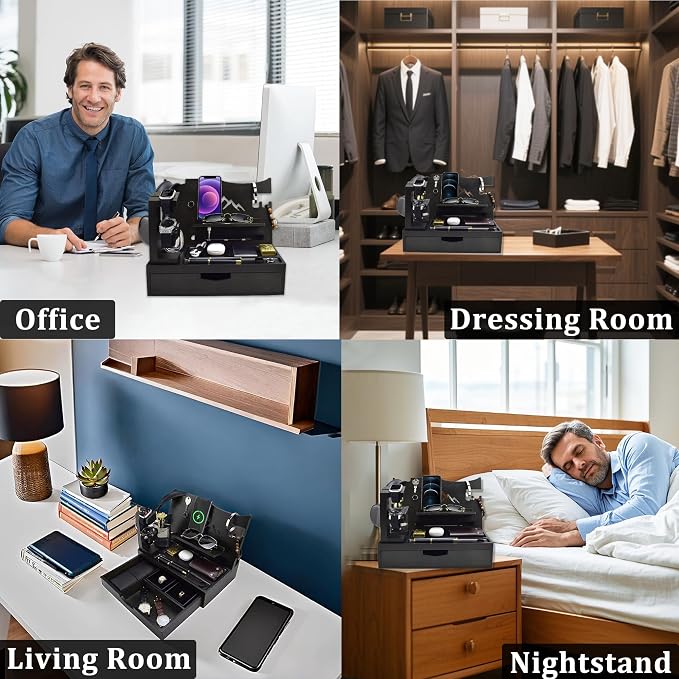 Nightstand Organizer for Men with Large Drawer, Wood Phone Docking Station for Phone, Apple Watch, Wallet & Keys, Ideal Birthday Gift for Father Husband Wife, Bedside Desk Organizer (Black)