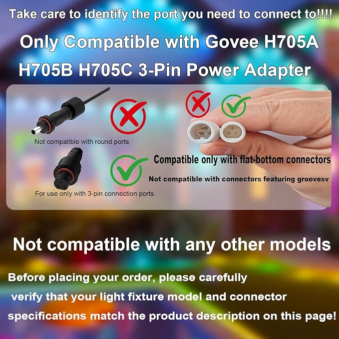36V Power Supply for Govee Permanent Outdoor Lights Only Compatible with Govee H705A H705B H705C Power Adapter Cord (Flat 3-pin connectors are not Compatible with grooved 3-pin connectors)