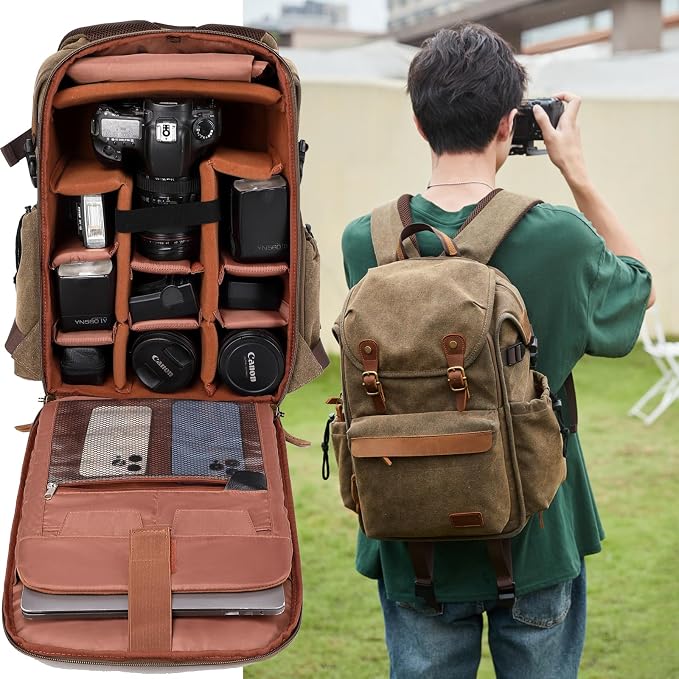 Vintage Canvas Camera Backpack (Charcoal Black) for DSLR/Mirrorless & Drone, Waterproof Photography Bag with 16" Laptop Compartment, Large Capacity Travel Camera Bag for Photographers