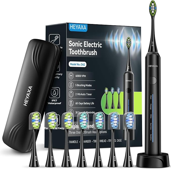 Sonic Electric Toothbrush, Dad Gifts, Fathers Day Gift, Birthday Gifts for Men, 60-Day Battery Life Rechargeable Power Toothbrush with 5 Modes, 2-Min Smart Timer, 7 Brush Heads & Travel Case (Black)