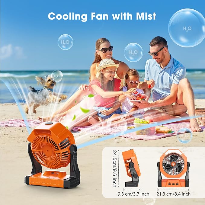 Ausic Portable Misting Fans for Outside Patios, [Max 95H Runtime] Outdoor Cooling Camping Fan, 8 Inch Battery Operated Rechargeable Fans, 250ml Water Spray Fan for Beach/Travel, Light & Hook