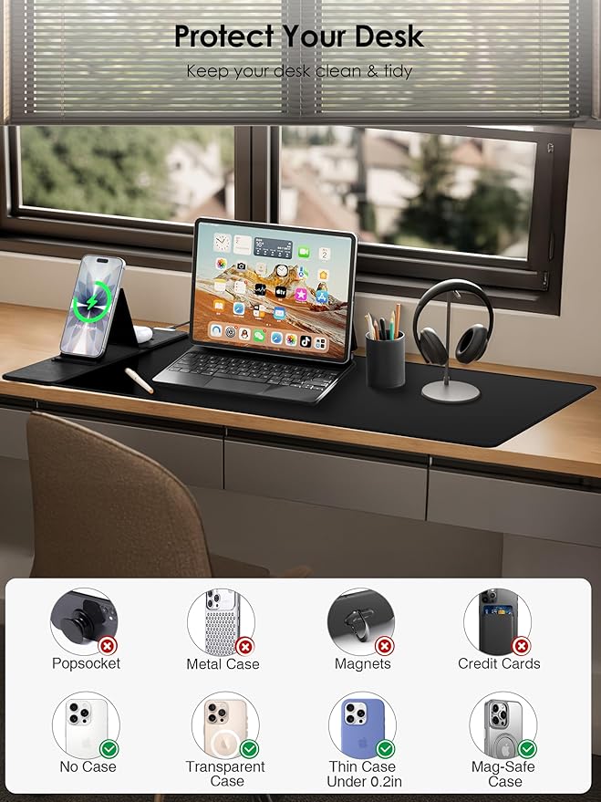 Wireless Charging Mouse Pad with Foldable Phone Holder, 15W Magnetic Fast Charging for iPhone Samsung, 31.5"x15.75" Large Desk Mat for Laptop/Keyboard, Waterproof Gaming Mousepad with Non-Slip Base