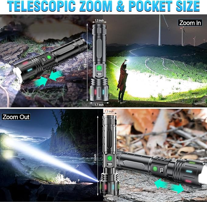 Hoxida Flashlights High Lumens Rechargeable - 1500 Meters Long Beam Super Bright LED Flash Light with Power Display & IPX5 Waterproof for Camping, 20H Runtime,Zoomable Handheld Flashlight-String