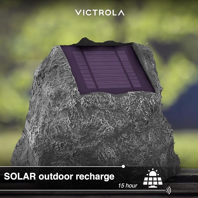 Victrola The Solar Rock Speakers Pair, 14 Hours PlayTime, IPX4 Rechargeable Solar Outdoor Bluetooth Speakers for Garden, Patio, Built for All Seasons, Wireless Music Streaming, Charcoal