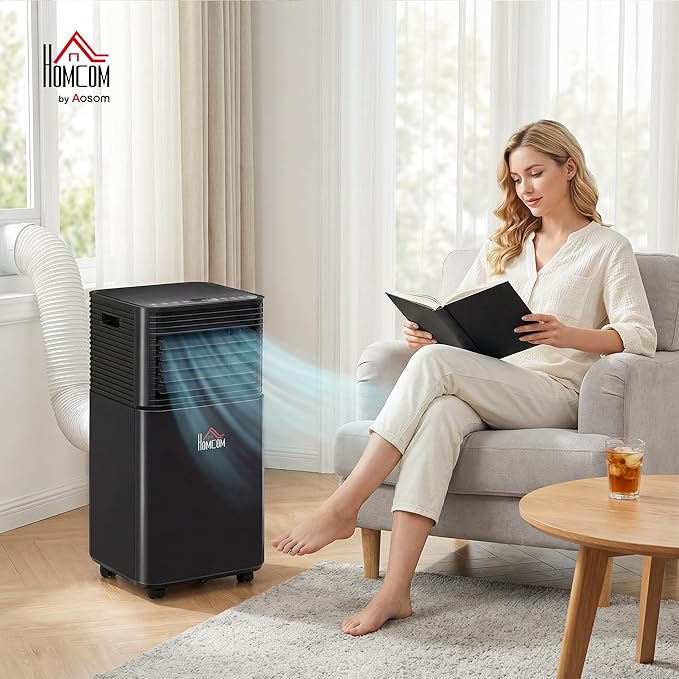 HOMCOM 8000 BTU Portable Air Conditioner for Rooms up to 344 Sq.Ft., 4-in-1 Mobile AC Unit with Dehumidifier, Cooling Fan, Sleep, Remote, 24H Timer, Auto Off, Window Installation Kit, Black