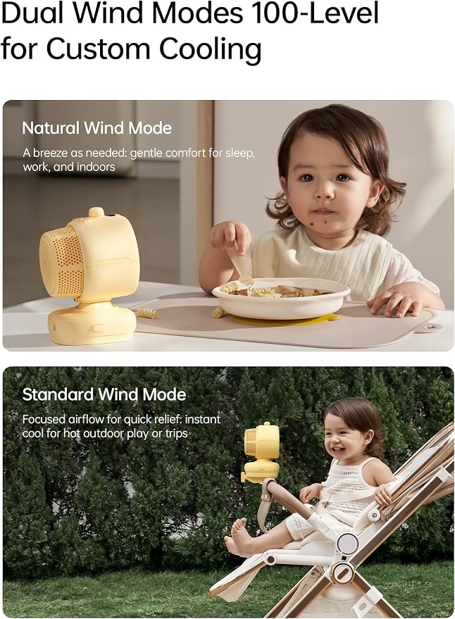 JISULIFE Chic Stroller Fan 2026-Baby Cool Helper: Smart 120° Auto Oscillation with 100 Speeds, 21H Super-Long Battery, Portable Baby Fan for Crib, Stroller & Bedroom, Gift for Moms-Yellow(Clip)