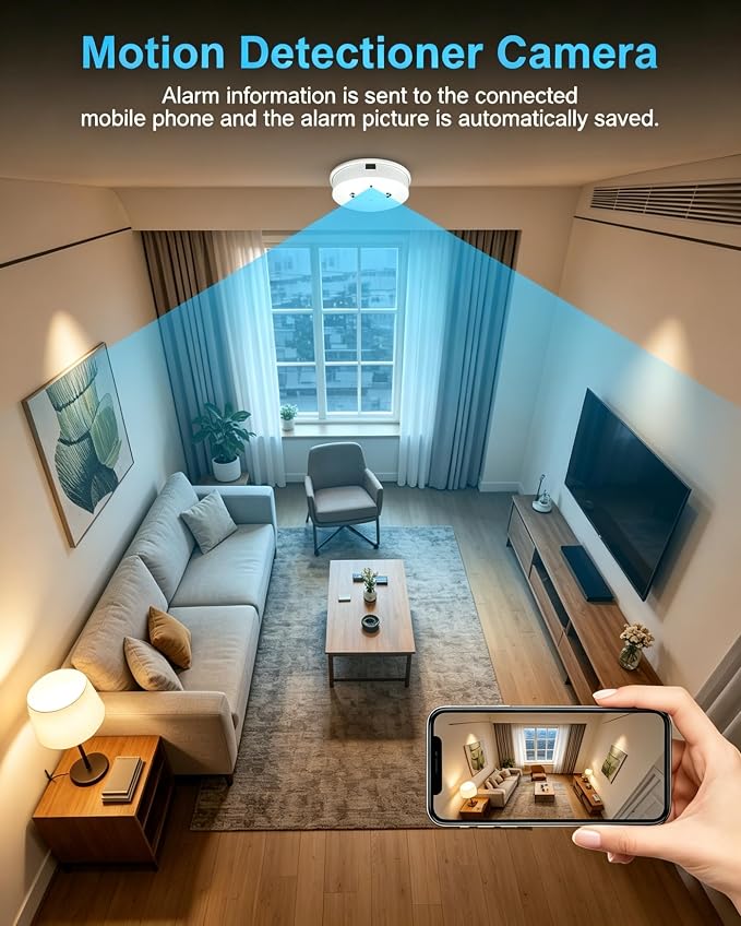 HD 1080P Hidden Smoke Detector, WiFi Mini Spy Camera, Small Nanny Cam with Motion Detection, Indoor Wireless Surveillance for Home Security/Office with app, No Audio