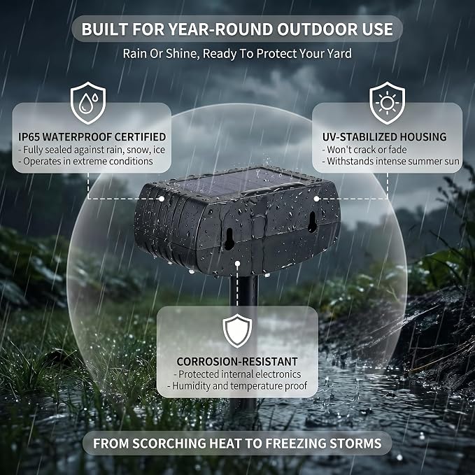 Solar Ultrasonic Animal Repeller Outdoor, Motion Sensor Waterproof Pest Deterrent, Raccoon Skunk Squirrel Rabbit Stray Dog Cat Repellent for Yard Garden Farm, 33ft 120° Coverage, 2 Pack Black