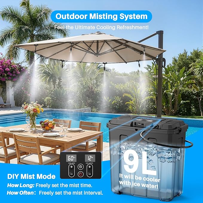 Ausic Portable Misting System, Outdoor Water Misters for Outside Patio Umbrella Cooling with Rechargeable Water Pump (Consecutive 8Hrs), 9L Bucket, 26FT Hose, for Tailgating, Camping, Canopy, Sport