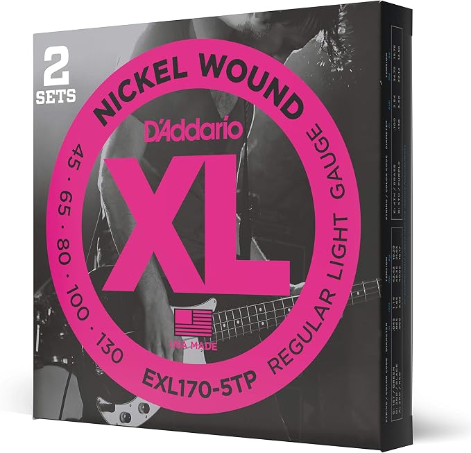 D'Addario Electric Bass Guitar Strings, XL Nickel, EXL170-5TP, Regular Light Gauge 45-130, Long Scale, 5-String Set, Pack of 2