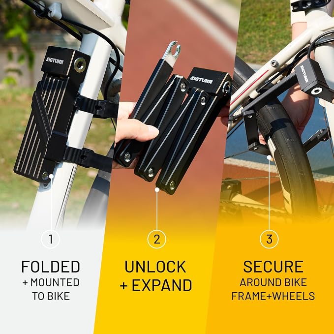 SIGTUNA Folding Bike Lock - Hardened Steel 8mm Fold-Up Heavy Duty Bike Lock with Easy Mounting, Secure Lock and Anti-Scratch Coating - Easily Keep Bike Secure and Paintwork Undamaged - Bicycle Lock