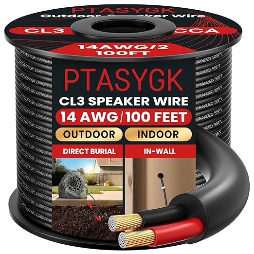 14 Gague Outdoor Speaker Wire 100 Feet - 2 Conductor Direct Burial Speaker Cables CL3 CL2 Rated, UV Resistant CCA Cable for Garden, Patio, Pool Audio Systems