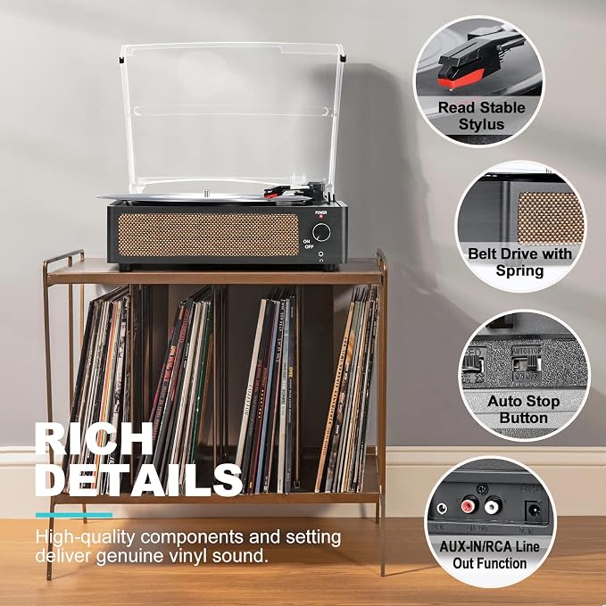 Vinyl Record Players Vintage Turntable with Speakers Belt-Driven Turn Tables Support 3-Speed, Bluetooth Wireless Playback, Headphone, AUX-in, RCA Line LP Phonograph Auto Stop Retro Black