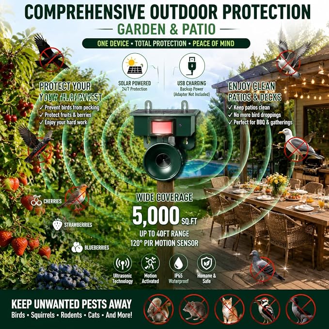 2026 Solar Ultrasonic Bird Repellent Devices Outdoor,Best Bird Deterrent for Pool,Pigeon Repellent for Balcony,Keep Crows Sparrows Starlings Out of Fruit Trees,Swimming Pool,Balcony,Patio,Roof