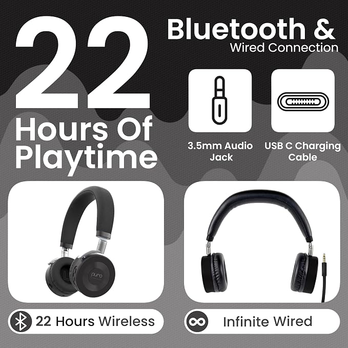 Puro Sound Labs JuniorJam Plus Volume-Limiting Wireless Bluetooth Headphones for Kids, Secure Audio with Adjustable On-Ear Design, 22-Hour Battery Life, Ideal for Tablets, Smartphones & PCs - Black