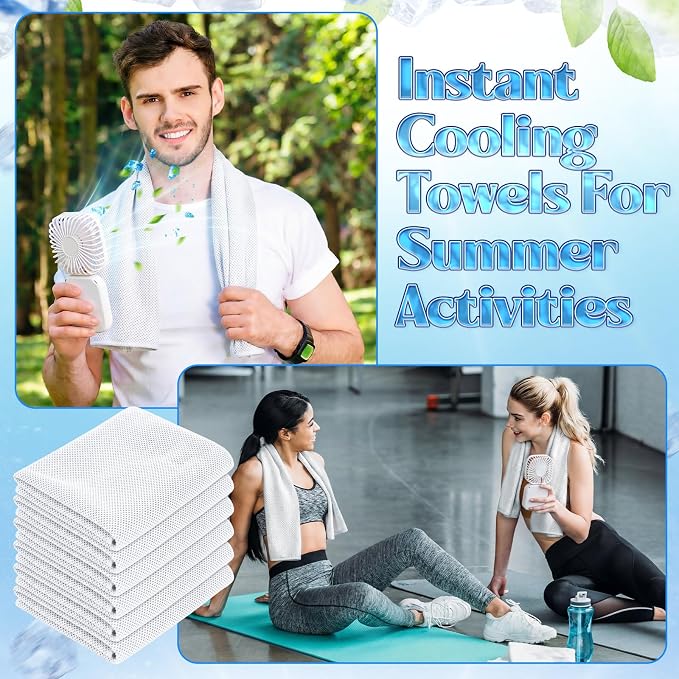 Hortsun 12 Personal Necklace Fan 12 Cooling Towels USB Rechargeable Battery 3 Speed Handheld Fan Portable Neck Hanging Fans Cooling Rags Bulk for Yoga, Sport, Camping, Fitness(White)