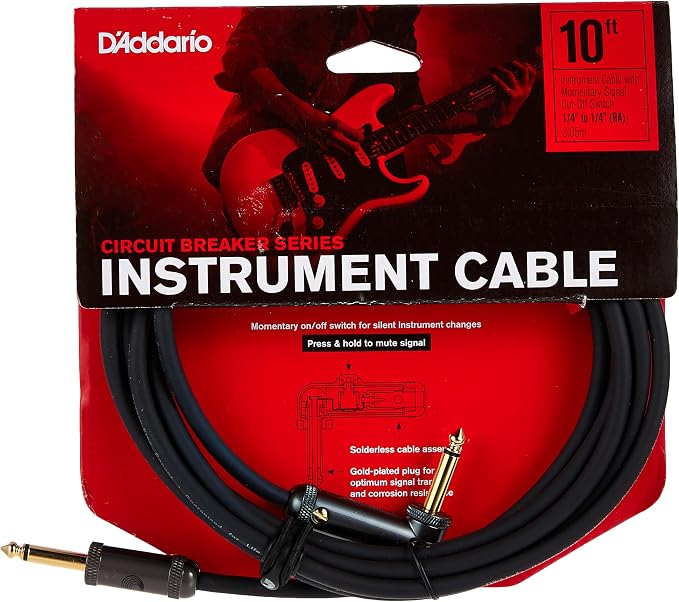 D'Addario Guitar Cable - Guitar Lead - Gold Plated - 1/4 Inch Male to 1/4 Inch Male - Circuit Breaker Cable - 10 Feet/3.05 Meters - Straight End/Right Angle - 1 Pack