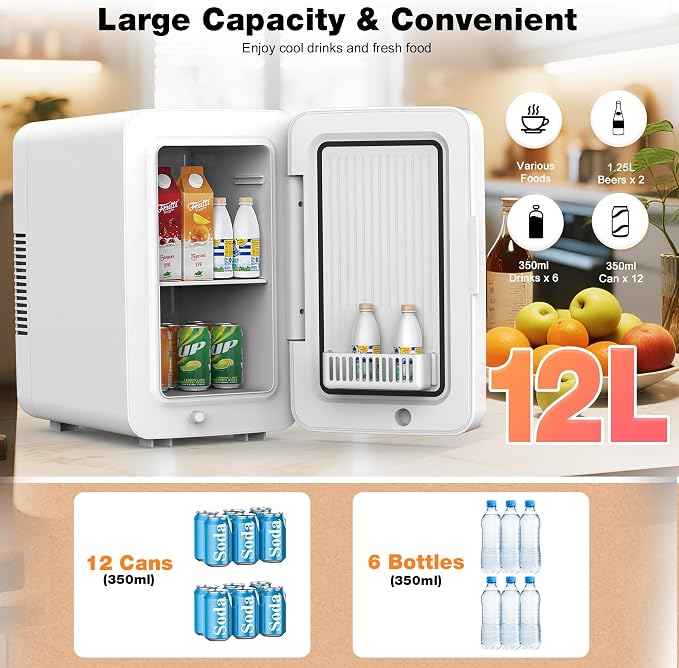 Kikihuose 12L/22L Mini Fridge for Bedroom, Personal Small Refrigerator for Skin Care, Cosmetics, 110V/12V Portable Refrigerator Cooler & Warmer for Drinks, Food, Beauty, Makeup, Dorm, Car, Office