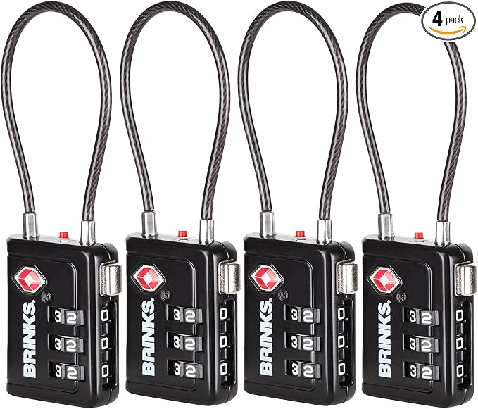 Brinks TSA Accepted Indicator Luggage Lock, Black - Resettable 3-Dial Combination, 2.5 inch Long Cable Shackle, New More Secure TSA008 Key, 4 Pack