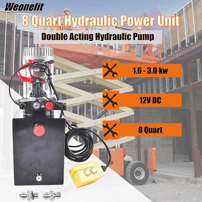 8 Quart Hydraulic Power Unit 1.6kW Power, 12V DC Double Acting Hydraulic Pump for Dump Trailer Car Lifting, Hydraulic Pump Power Unit Steel (GC01) & Aluminium Alloy with Metal Oil Reservoir