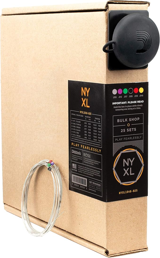 D'Addario Electric Guitar Strings, NYXL Nickel Plated, NYXL1046-B25, Regular Light Gauge 10-46, 6-String Set, Pack of 25
