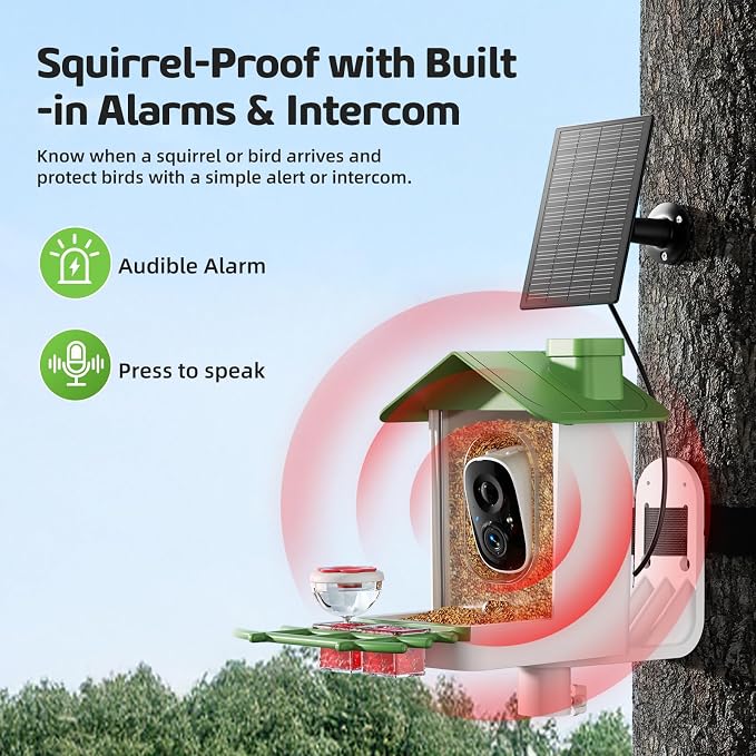Bird Feeder with Camera, 2K HD Smart Birds Feeder with Solar Panel, AI Bird-Recognition, Instant Motion Alerts, Auto Capture BirdVideos, Outdoor Birdhouse Feeder Gift for Bird Lovers