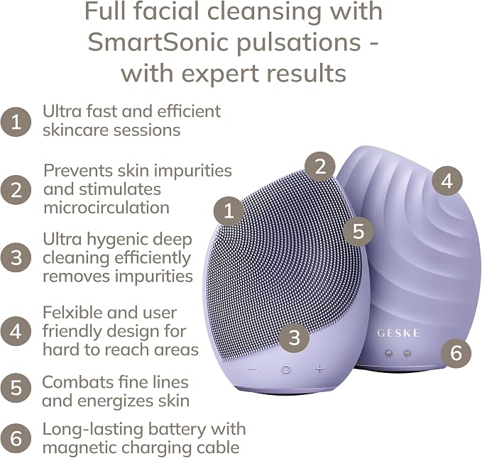 GESKE SmartAppGuided™ Sonic Facial Brush 5 in 1 | Vibrating Electric Facial Cleansing Brush | Soft Silicone Brush | Professional Facial Cleanser | Skin Cleanser & Exfoliator | Face Massager
