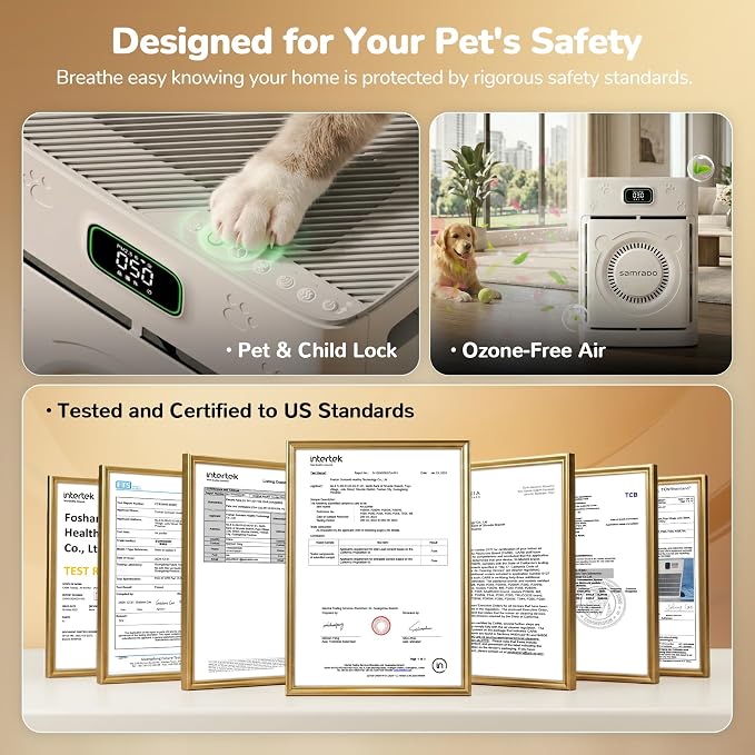 Pet Hair Air Purifier with Double-Sided Washable H13 HEPA Filters for Home Large Room up to 2500 Sq Ft, Air Cleaners for Hair Dander Odor Smoke, App Control, White