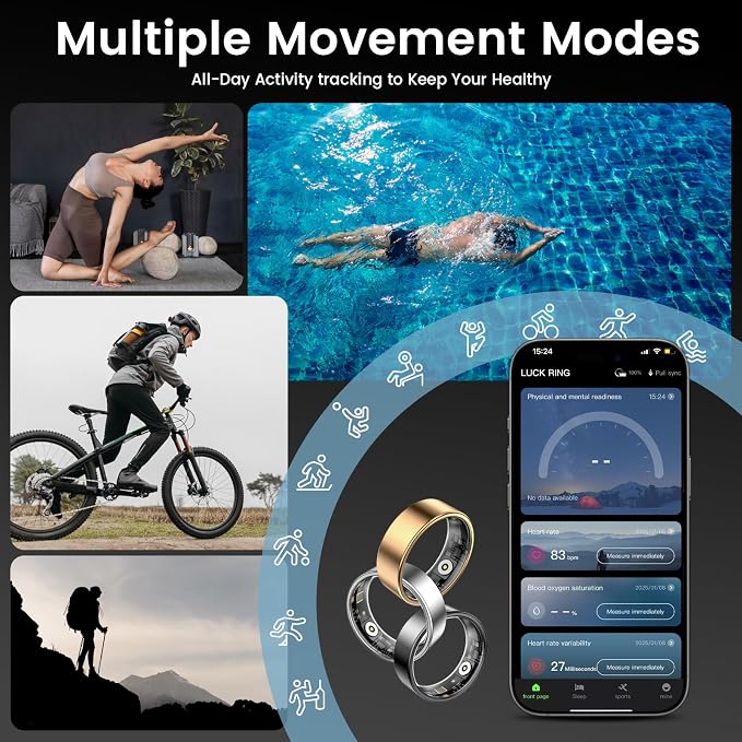 Smart Ring Health Tracker, Sleep&Exercise Monitor Heart Rate,Blood Oxygen,Fitness Trackers for Man&Women -Long Lasting Batteries,Waterproof Sleep Tracking Wearable (Rose Gold, 6)