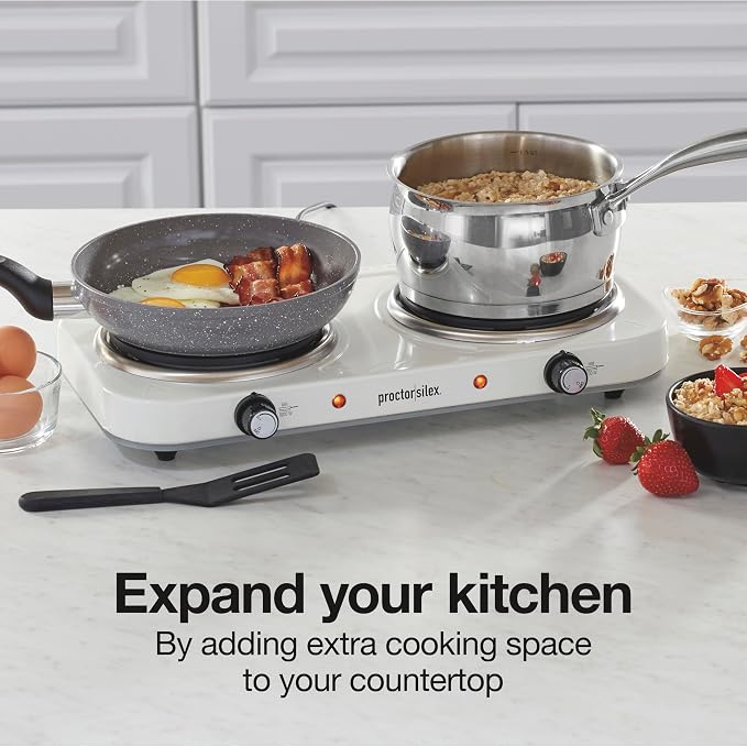 Proctor Silex Portable Electric Stove, Cast Iron Double Burner Cooktop, Compact, Adjustable Temperature Hot Plate, 1700 Watts, White (34117)
