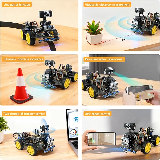 Smart Video Car Robot for Arduino, WiFi & Bluetooth RC Car with Camera, 6-Way IR & Ultrasonic Sensors, Programmable Arduino Robotics Kit for Adults STEM Education & AI Learning (UNO-6 Way IR Sensor)