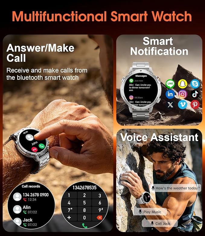 SUNKTA Military Smart Watches for Men,1400mAh Battery Smart Watch with Flashlight,1.7" HD Screen 5ATM Waterproof Fitness Tracker Smartwatch with 110+ Sport Modes,for iOS Android(2 Bands/Silver)