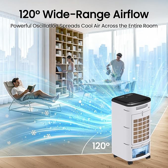 Windowless Air Conditioner, Portable Swamp Cooler with 2 Water Tanks, 4-in-1 Evaporative Air Cooler with Remote, 4 Modes 3 Speeds, 12H Timer, 4 Ice Packs, Ventless Cooling Fan for Room Home Office