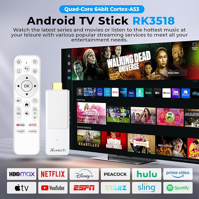Android TV Stick 14.0, 2025 4K TV Stick 2GB RAM 16GB ROM Ultra HD RK3518 CPU Supports 2.4G/5G Wi-Fi Bluetooth 5.0 USB HDR10 with Bluetooth Voice Remote Control - White