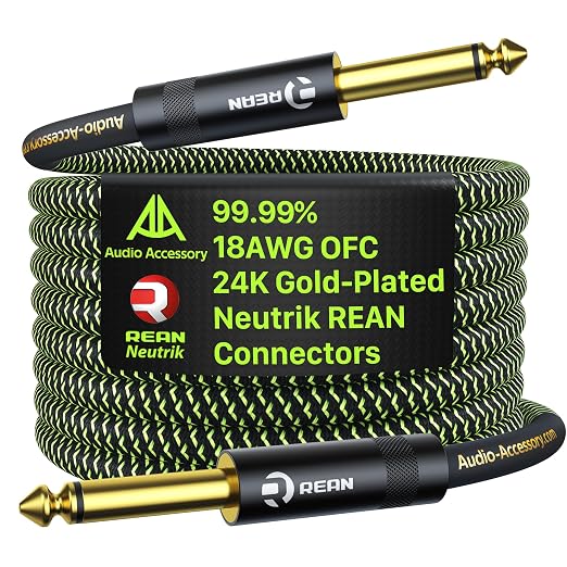 AA AUDIO ACCESSORY Pro Series Guitar Cable 20 ft, Gold-Plated Neutrik REAN Connector, 18 AWG 99.99% OFC, Low Capacitance Straight to Straight 1/4 Inch Instrument Cable for Fender Ernie Ball Mogami
