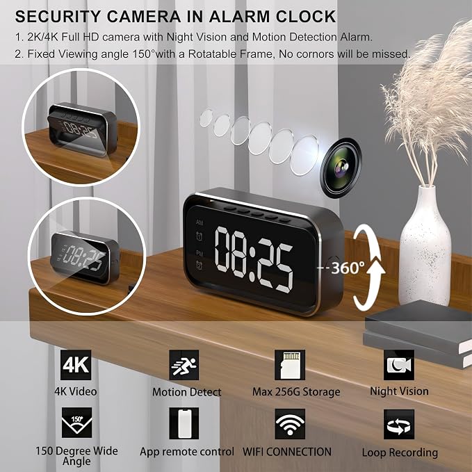 Security-Mini-Camera, 4K Real Full HD Nanny Cam with Two Sets of Alarm Clock Setting for Home Security, Night Vision & Motion Detection Alerts, Mobile Phone App Remote Control, Support 2.4G and 5G