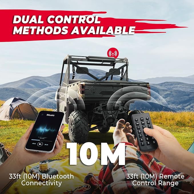 KEMIMOTO UTV Sound Bar 28 Inch ATV Soundbar 4X Subwoofers 2X Tweeters Bluetooth Golf Cart Sound Bar Compatible with Polaris RZR Can-Am CFMOTO, Fit for 1.56"- 2.25" Roll Cage w/Golf Cart Mounts