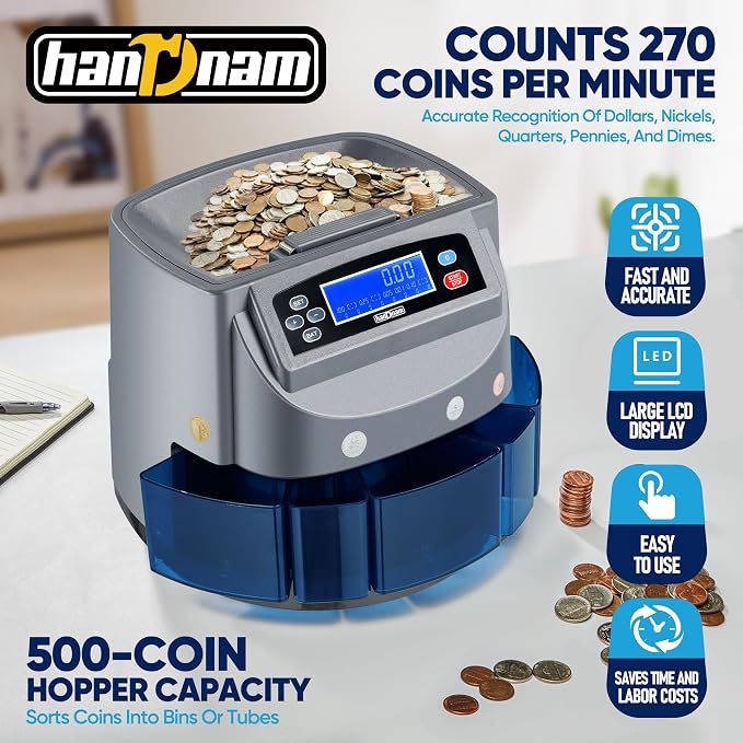 Coin Counter Machine, Electric Coin Sorter Sort 270 Coins/Minute, USD Change Counter Machine,500 Coins Capacity Automatic Coin Sorter and Wrapper Machine, Coin Counting Roller Machine with LCD Display